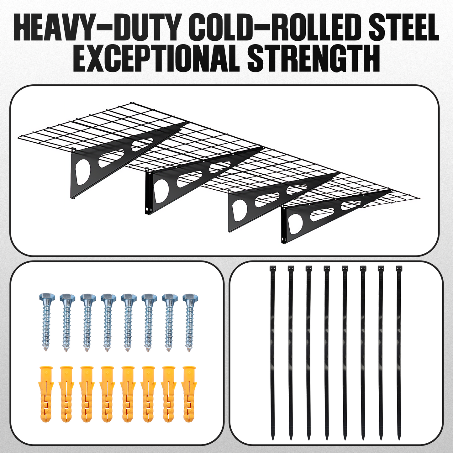 2x6ft Garage Shelving Wall Mounted, 72" x 24" Metal Garage Storage Rack, Industrial Floating Shelves with Wire Grids, 800 Lbs Weight Capacity, Black