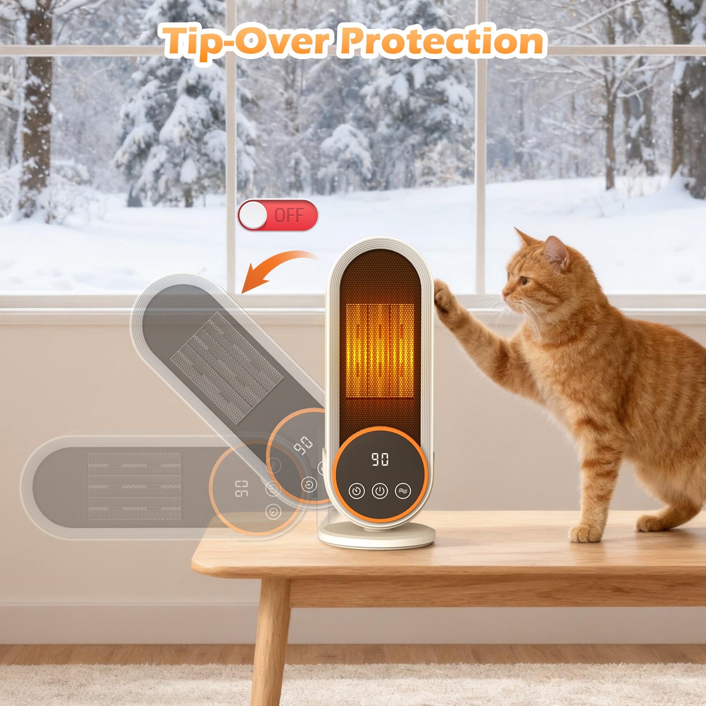 1200W Tower Heater, Ceramic Space Heater with Thermostat, 3D Realistic Flame Effect and Remote Control, 3 Modes, Overheat and Tip-Over Protection, Suitable for Home/Living Room