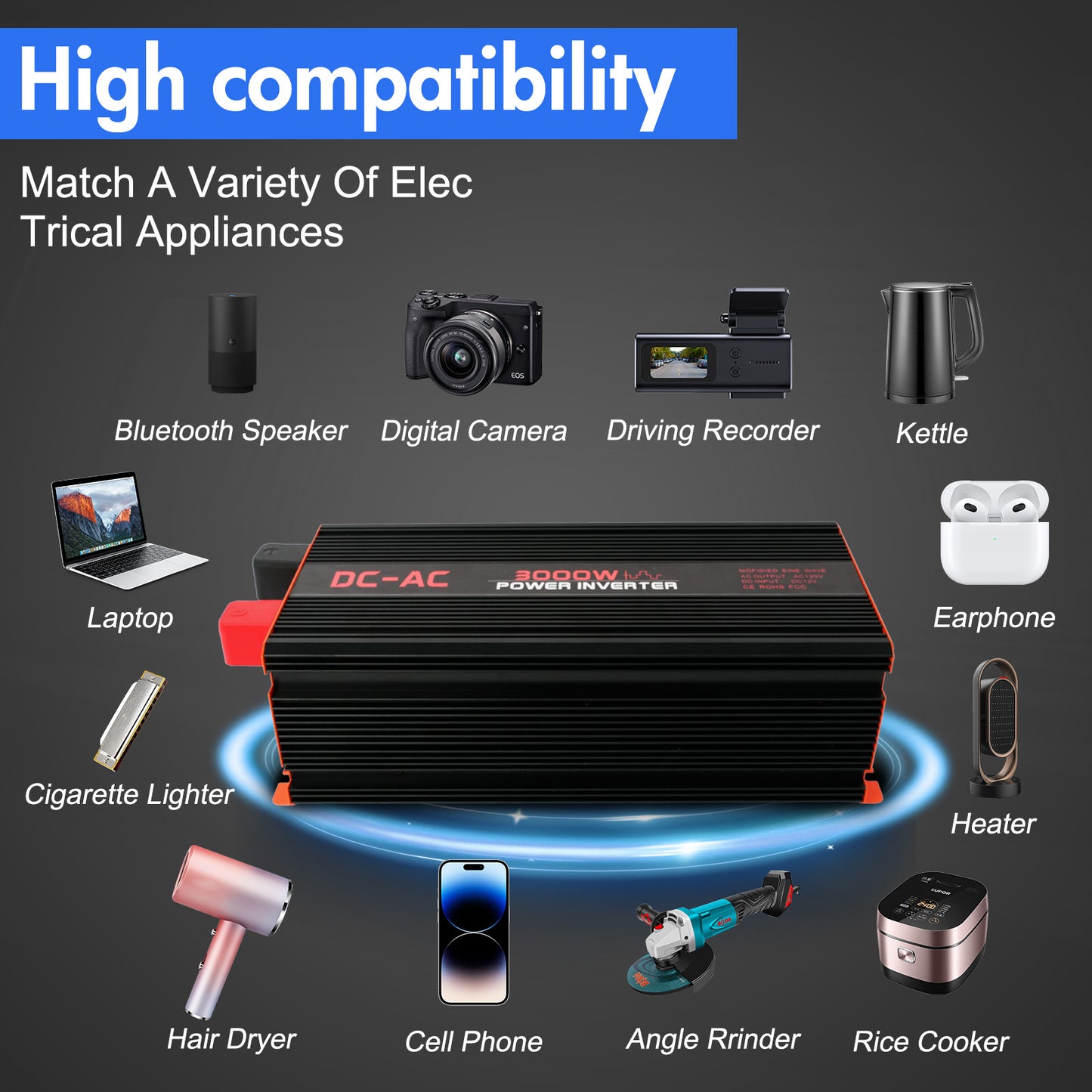 3000 Watt Power Inverter 12V DC to 110V/120V AC Converter Car Inverter with LCD Display