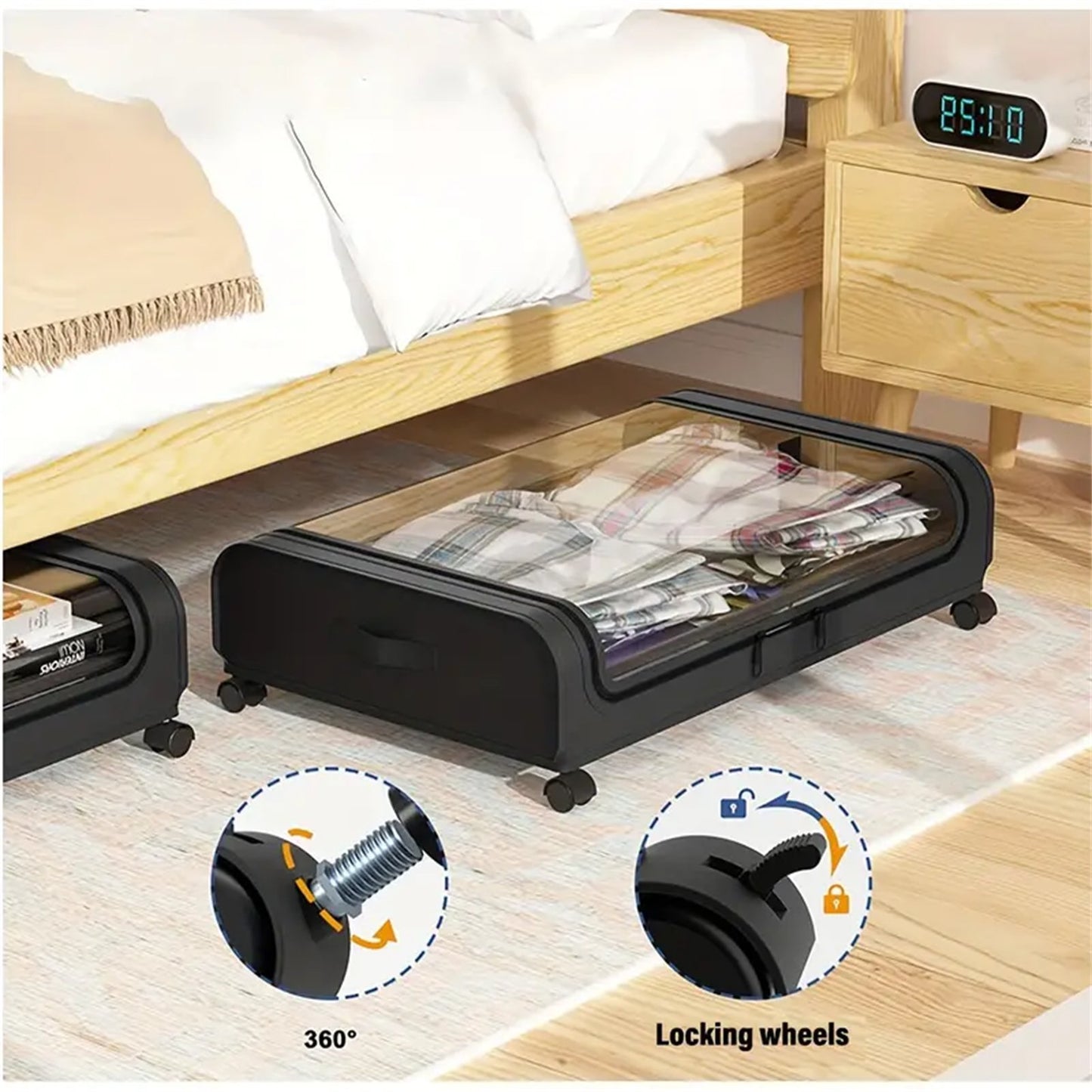 2PCS UnderBed Storage, Under the Bed Storage Containers with Wheels, Transparent Visual Under Bed Storage Organizer for Shoes Clothes Blanket, Underbed Storage Containers for Bedroom