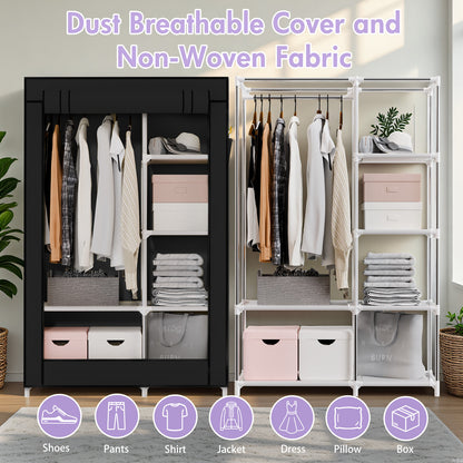BAOKALER Portable Closet Organizer with 6 Shelves & 1 Hanging Rod, Non-woven Fabric Wardrobe Clothes Storage with 4 Side Pockets for Bedroom, Living Room, Cloakroom, Dorm, Apartment, Black