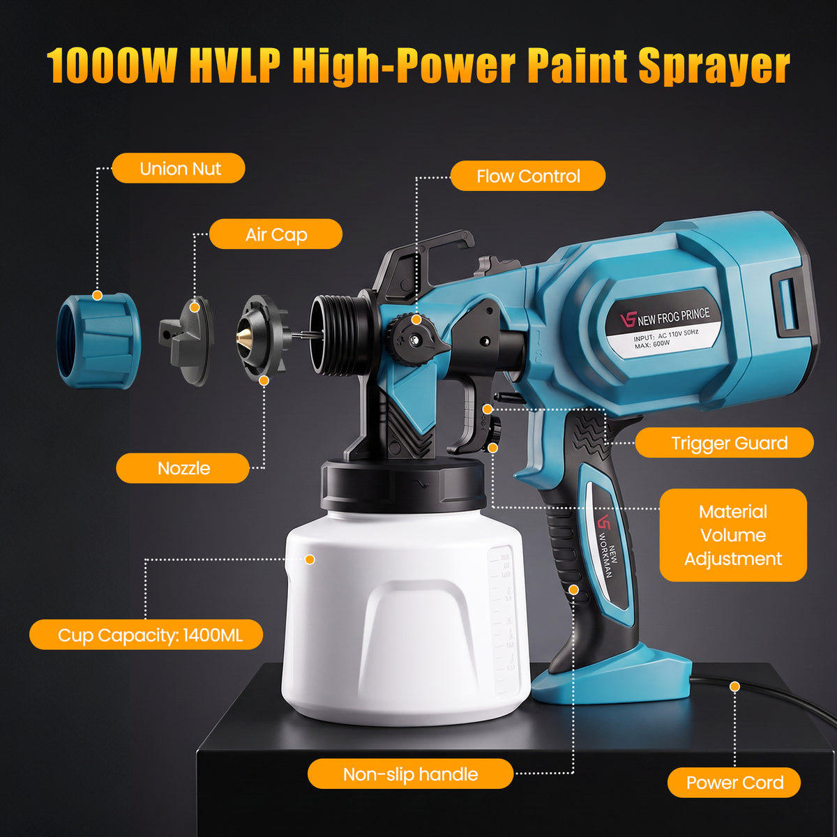 Baokaler Paint Sprayer, 1000W HVLP Electric Spray Gun with 1400ml Container, 4 Copper Nozzles & 3 Spray Patterns for Furniture, Cabinets, Walls, House Painting, Blue