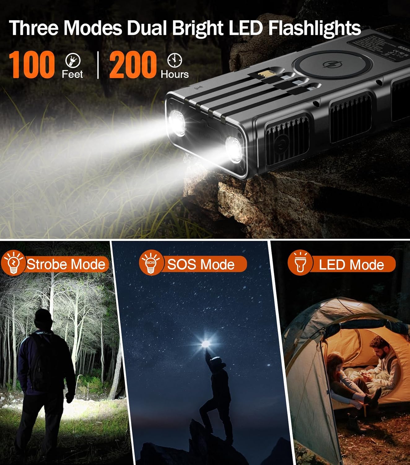 Power Bank Wireless Charger 68800mAh Built in Hand Crank and 4 Cables 15W Fast Charging Power Bank 7 Outputs & 4 Inputs Solar Portable Charger, SOS/Strobe/Strong Flashlights, Compass(Black)