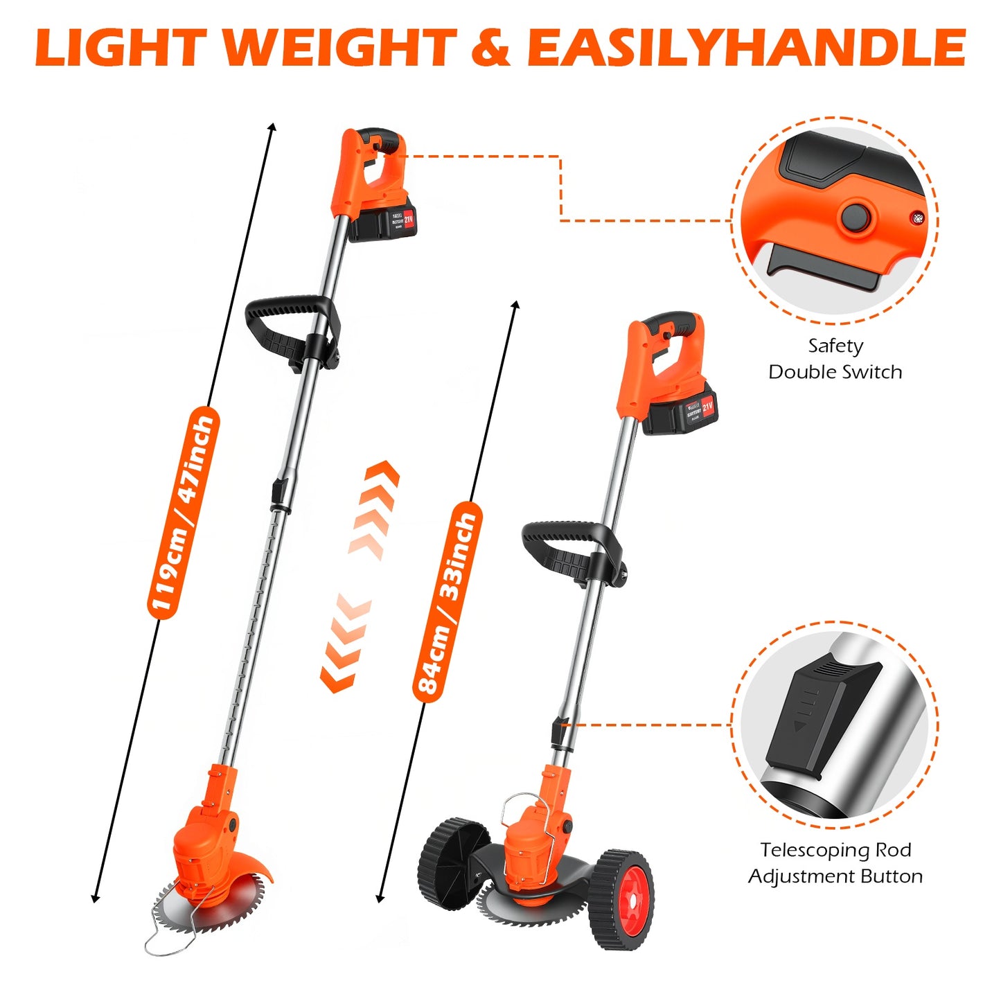 Weed Eaters, Cordless Weed Trimmer with Wheels, 2Pcs 4000mAh Batteries, Adjustable Length, 650W Grass Trimmer/Edger/Brush Cutter for Lawn Yard Garden Maintaining (Orange)