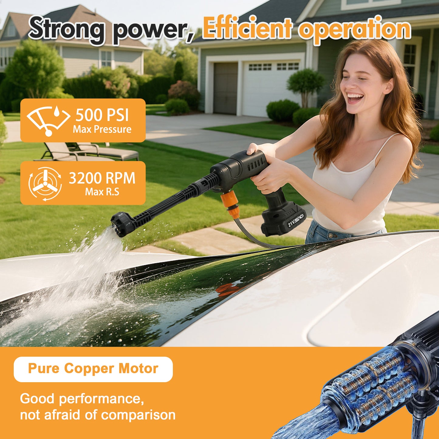 21V 6 In 1 Nozzles Car Power Cleaner Machine, 3200RPM,500PSI, Portable High Pressure Car Wash, Cordless Pressure Washer with 2 Rechargeable Batteries, 32.8FT Water Pipe