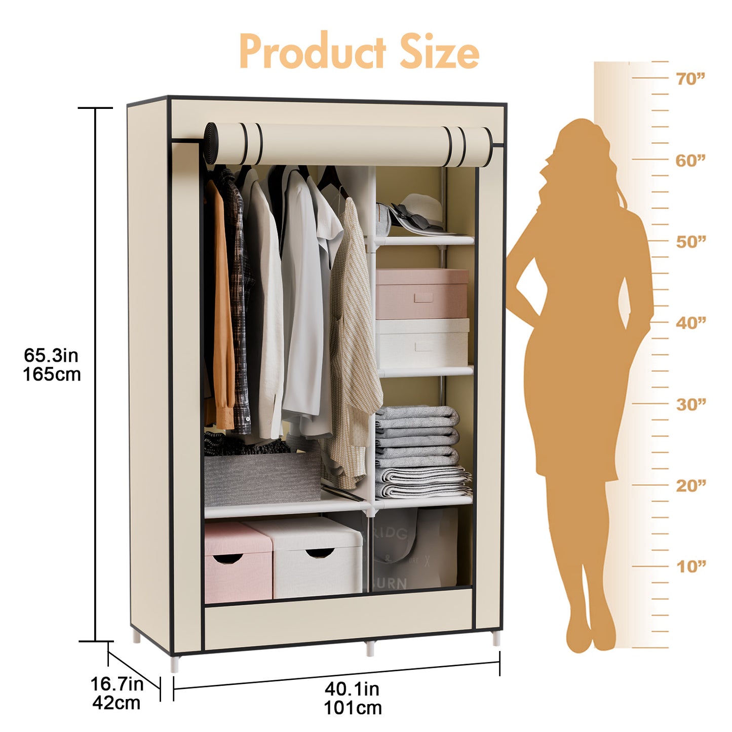 BAOKALER Wardrobe Closet Storage, Hanging Closet organizer, Clothes Rack with Cover, Tool-Free Assembly Clothes Storage for Home Bedroom Living Room, Beige