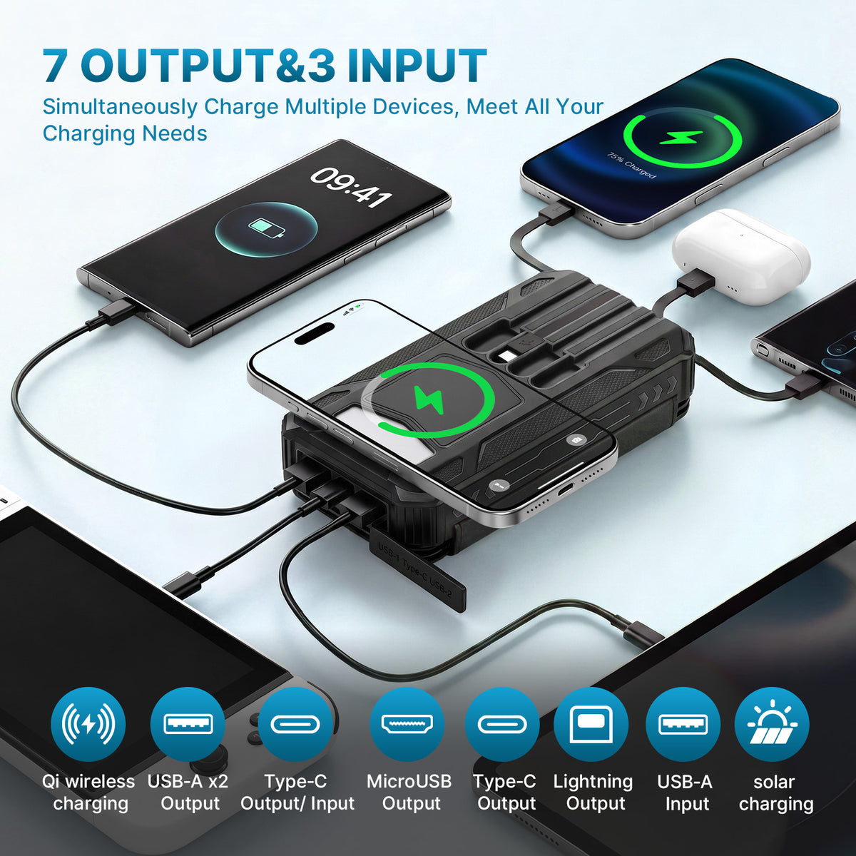 Solar Power Bank 46800mAh, PD15W Fast Charging Solar Charger with 4 Built-in Cables & Wireless Charging, Portable Solar Charger for Cell Phone, Solar Battery Pack for Camping (Black)