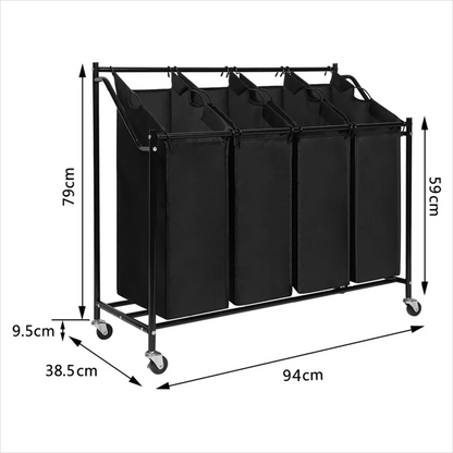 Amstech Laundry Hamper Sorter 4 Section, Laundry Sorter Cart with 4 Removable Bags and Rolling Wheels, Black