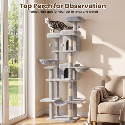80" Cat Tree, Big Cat Tower for Multiple Adult Cats, Multi-Level Tall Cat Tree with 3 Platforms, 2 Condos, 2 Hanging Basket, Hammock and Scratching Frame for Indoor Kitties, Light Gray