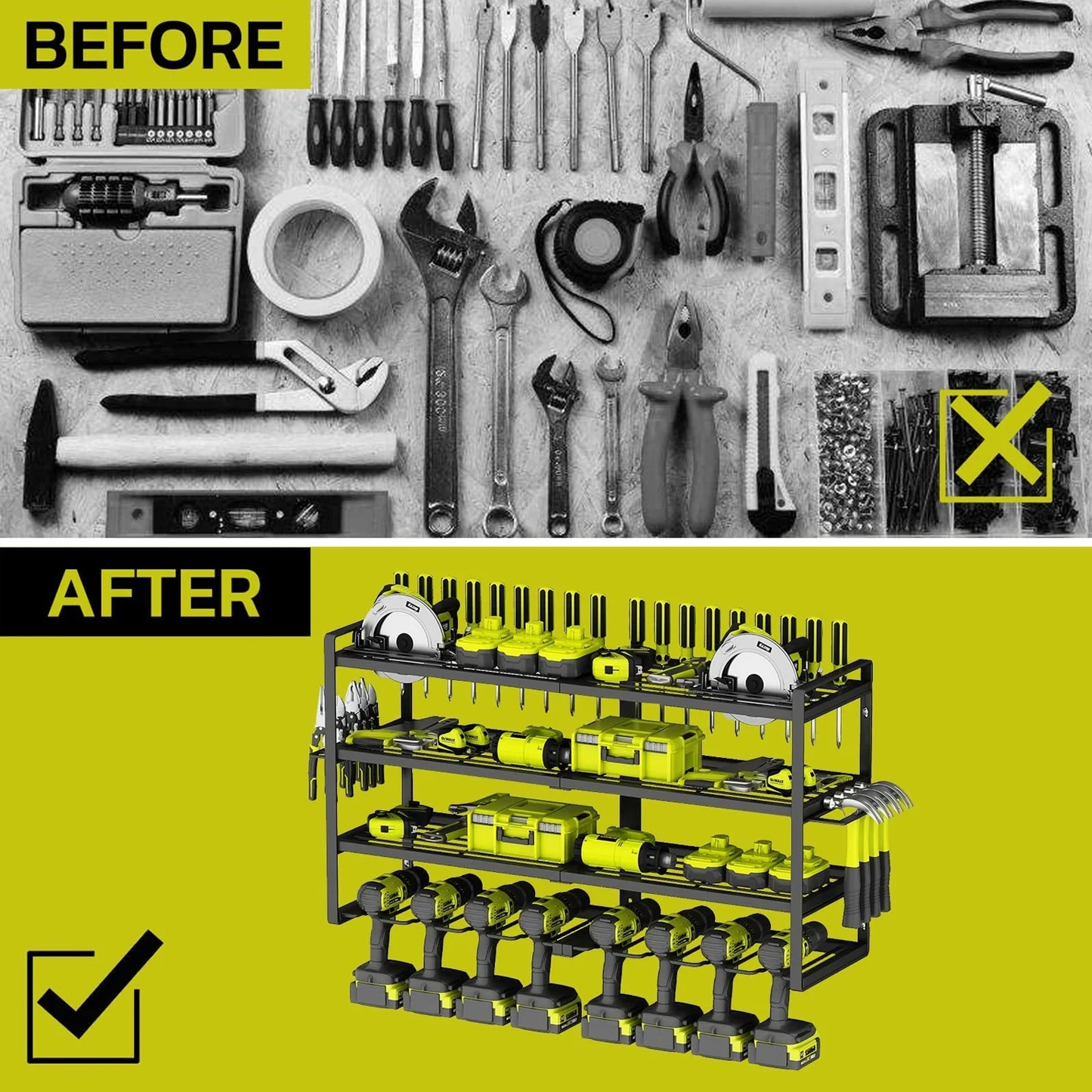 Power Tool Organizer 8 Drill Holder Wall Mount, 4 Layer Storage Rack for Garage storage, Heavy Duty Utility Racks, Tool Battery Shelf with Screwdriver Holder/Plier Holder/Hammer Holder