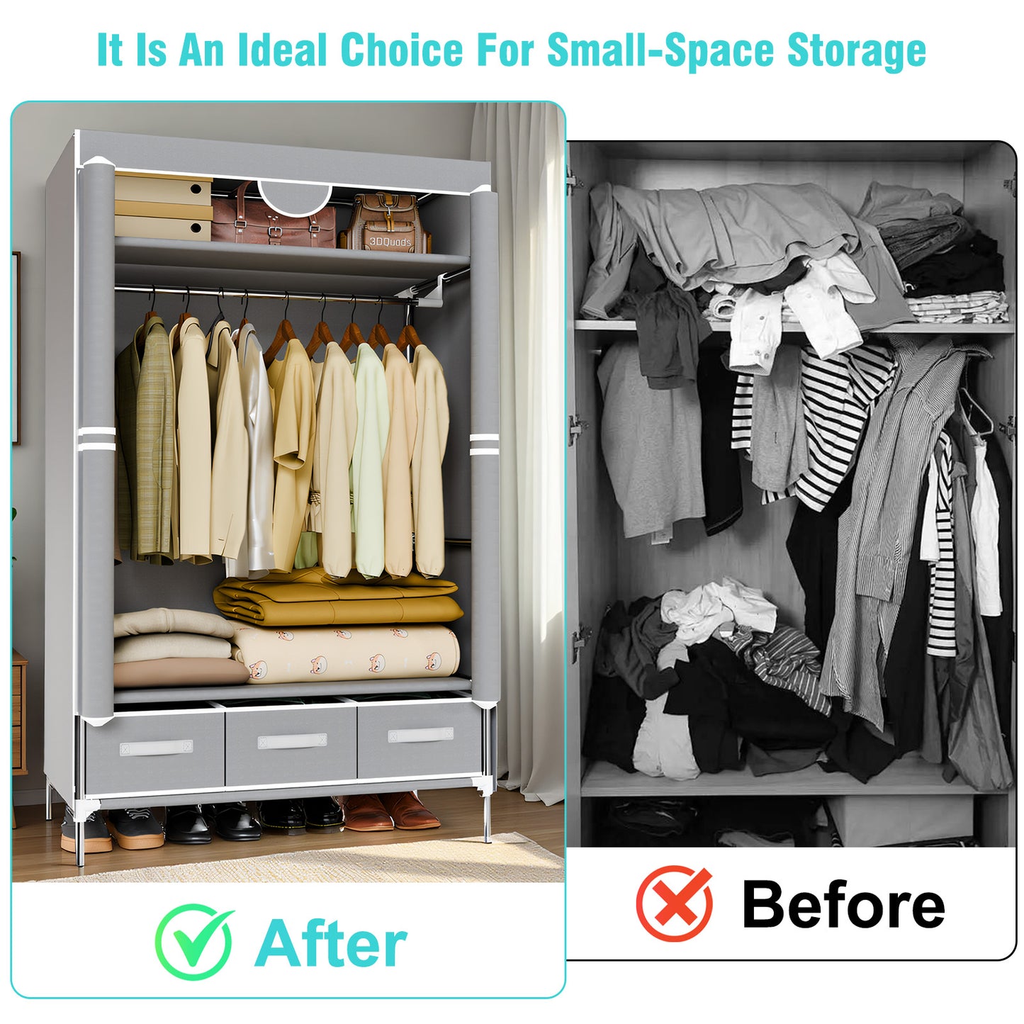 Simple & Portable Non-Woven Fabric Wardrobe with Hanging Space for Coats and Bags, Sturdy & Easy to Assemble, Includes 3 Storage Drawers, Ideal for Rentals, Dorms, Bedrooms, Gray