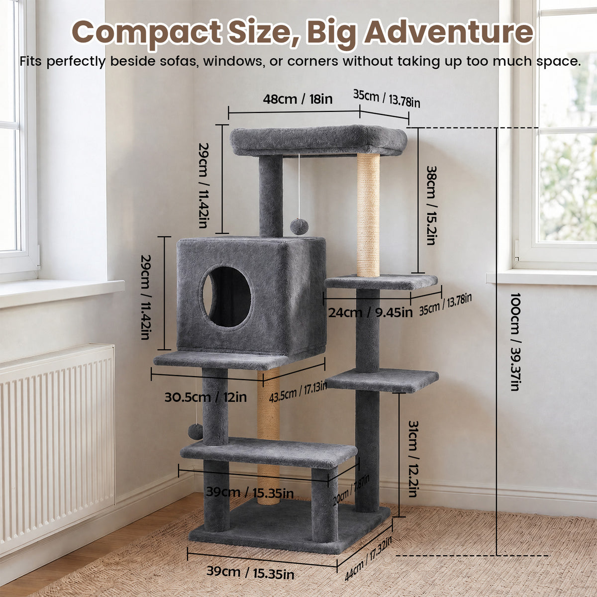 Sturdy 40-inch Cat Tree Tower with Cat Cave & Ramp Steps - Multi-Level Play & Sleep Center for Large Indoor Cats, Dark Gray