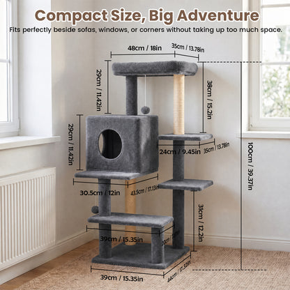 Sturdy 40-inch Cat Tree Tower with Cat Cave & Ramp Steps - Multi-Level Play & Sleep Center for Large Indoor Cats, Dark Gray