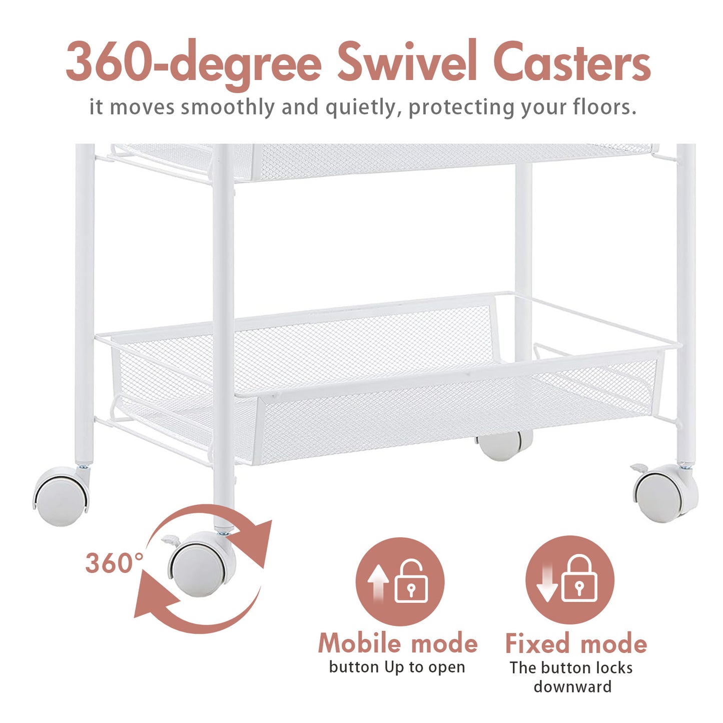 3 Tier Rolling Cart on Wheels, Rustproof Metal Cart with Lockable Wheels, Kitchen Rolling Shelf, Mesh Storage Basket for Living Room, Bathroom, Kitchen, Office, White
