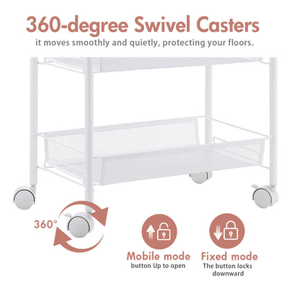 CATGOOD 3 Tier Rolling Cart on Wheels, Multifunctional Mesh Utility Cart with 4 Side Hooks for Home Bathroom Kitchen Office Living Room, White