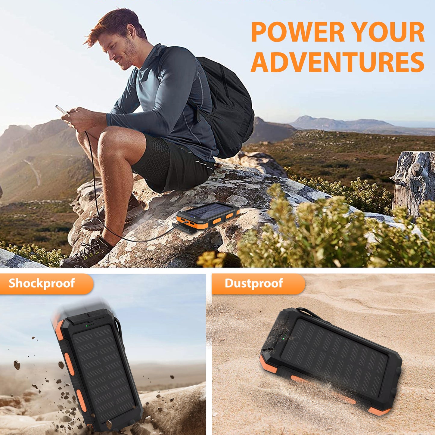 2PK BAOKALER 30000mAh Solar Charger for Cell Phone iPhone, Portable Solar Power Bank with Dual 5V USB Ports, 2 Led Light Flashlight, Compass Battery Pack for Outdoor Camping Hiking(Orange)
