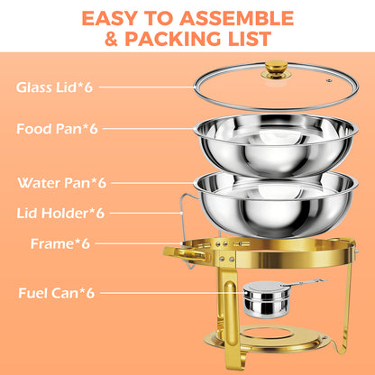 CATGOOD 6 Pack Chafing Dish Buffet Set, 6QT Stainless Steel Food Warmers with Glass Lids & Gold Stands, Buffet Servers & Chafer Set for Parties, Weddings, Catering, Home Banquet