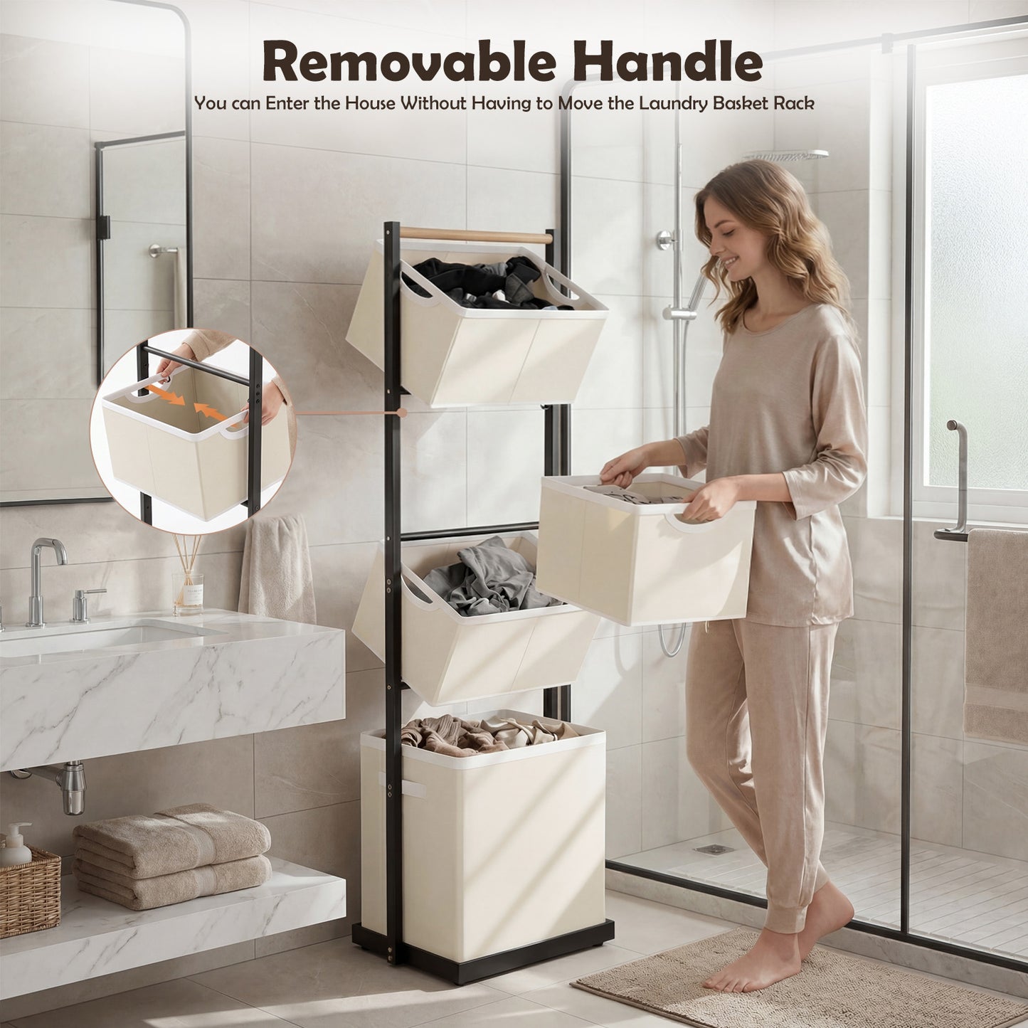 Laundry Hamper, Laundry Basket, 4 Tier Laundry Sorter, Metal Stackable Laundry Basket Organizer with Removable Basket and Removable Bags, 59"x12.6"x15.7" Clothes Organizer Basket, Beige
