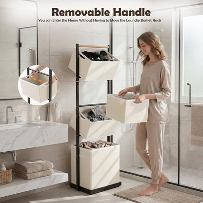 Laundry Hamper, Laundry Basket, 4 Tier Laundry Sorter, Metal Stackable Laundry Basket Organizer with Removable Basket and Removable Bags, 59"x12.6"x15.7" Clothes Organizer Basket, Beige