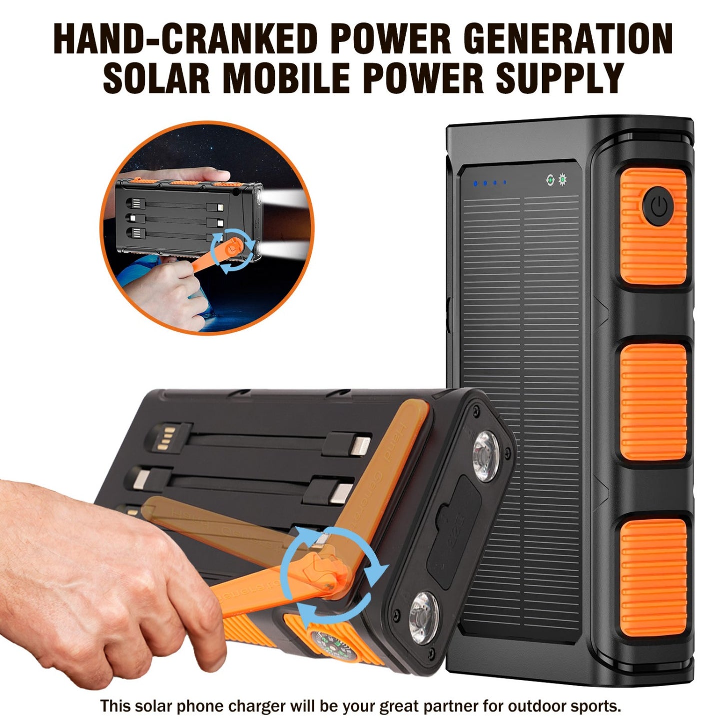 Solar Power Bank, Portable Charger with Dual Output LED Flashlight, Hand Crank Power Bank