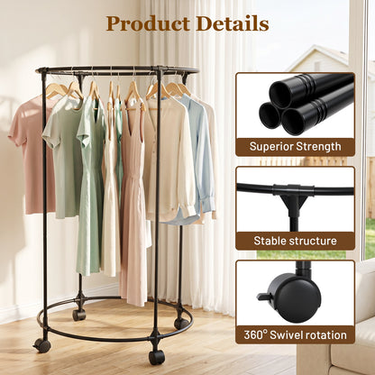 Clothes Rack, Rolling Round Garment Rack with 4 Universal Wheels and Shelf, Floor-Standing Clothes Hanging Rack for Bedroom, Black