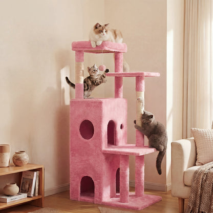 50-inch Pink Cat Tree Tower, Multi-Level Cat Stand with Sisal Scratching Posts & Balls for Playing
