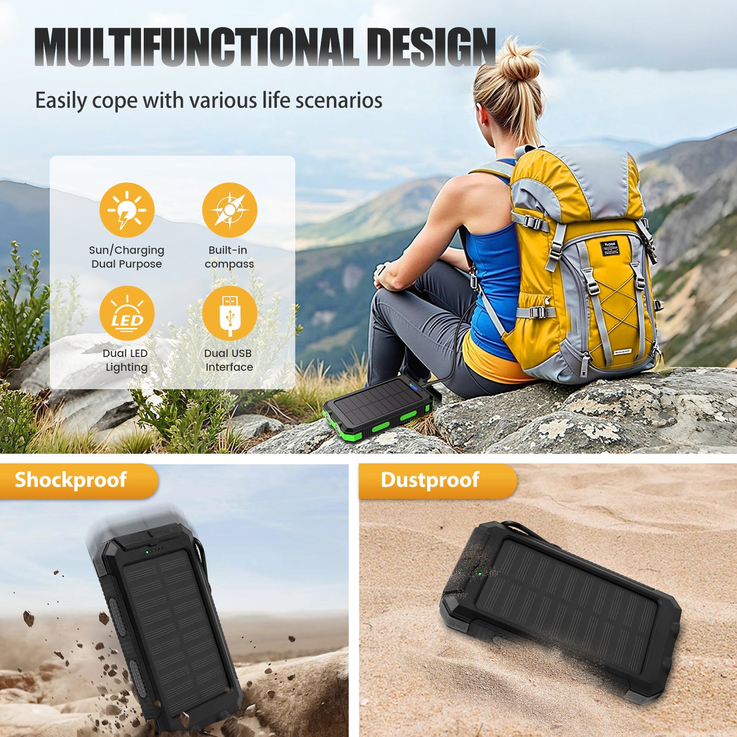 CATGOOD 10000mAh Portable Solar Charger for iphone and Android Power Bank with Dual 5V USB Ports for Outdoor Camping Hiking(Black)