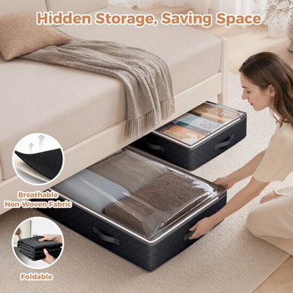 BAOKALER 6 Pack Foldable Underbed Storage Containers, 90L Storage Bins for Blankets, Clothing, Linens, Sweaters, Pillows, Comforters and Wrapping Paper, Black