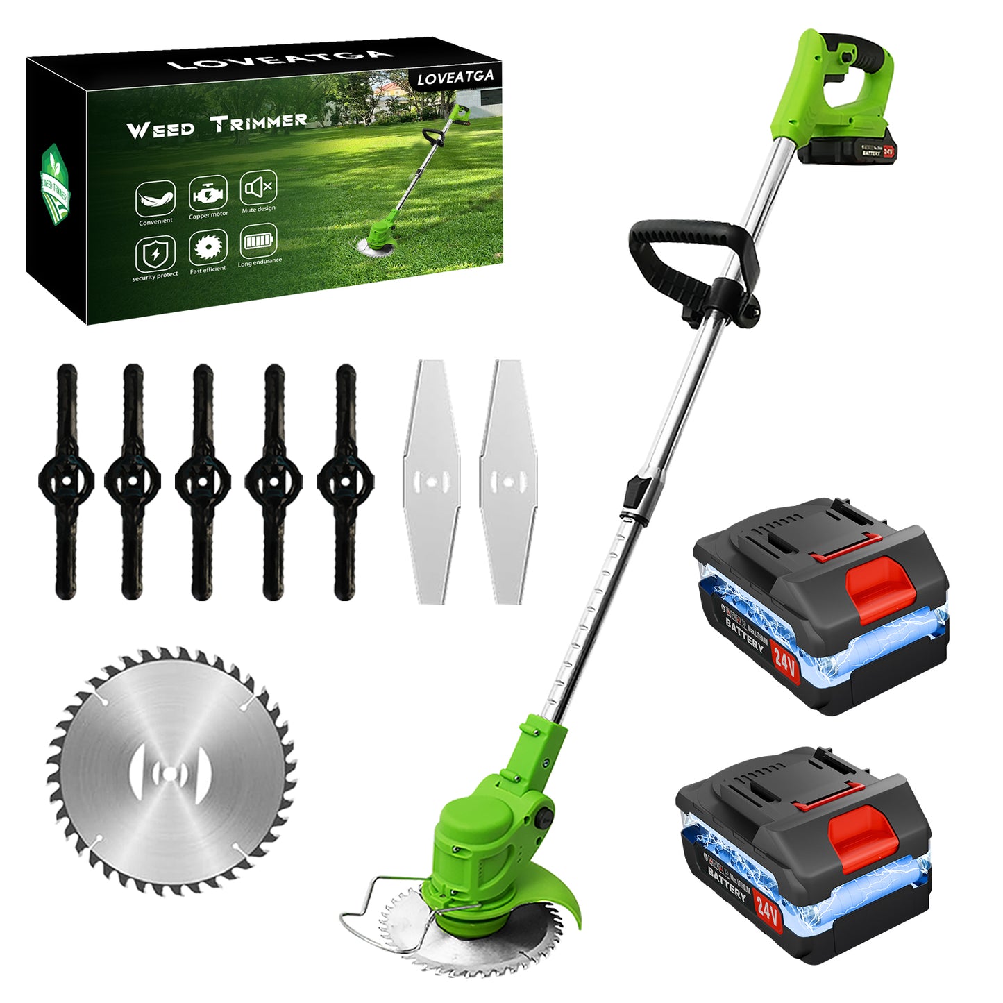 Electric 650W Weed Lawn Edger, Battery Weed Eater, Weed Wacker Electric, Cordless Grass Trimmer Cutting Tool & 2 Battery, Weed Trimmer for Yards Garden, Green