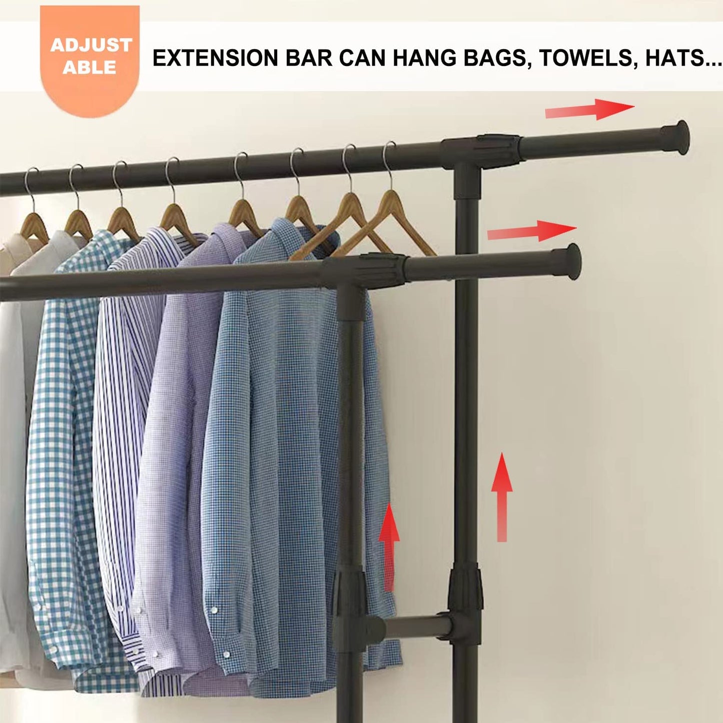 3 Tiers Double rails Hanging Garment rack on Wheels with Bottom Shelves for Shoes, Black