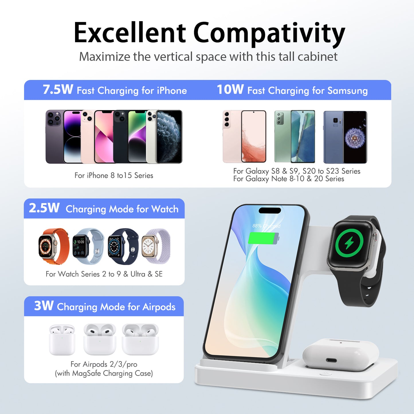 Wireless Charger, Magnetic Fast Charging Stand Compatible with iPhone 16 15 14 13 12 11 Pro Max Plus XS XR X 8, For Apple Watch 9 8 7 6 5 4 3 2 SE, For AirPods 3 2 Pro, 3 in 1 Charging Station