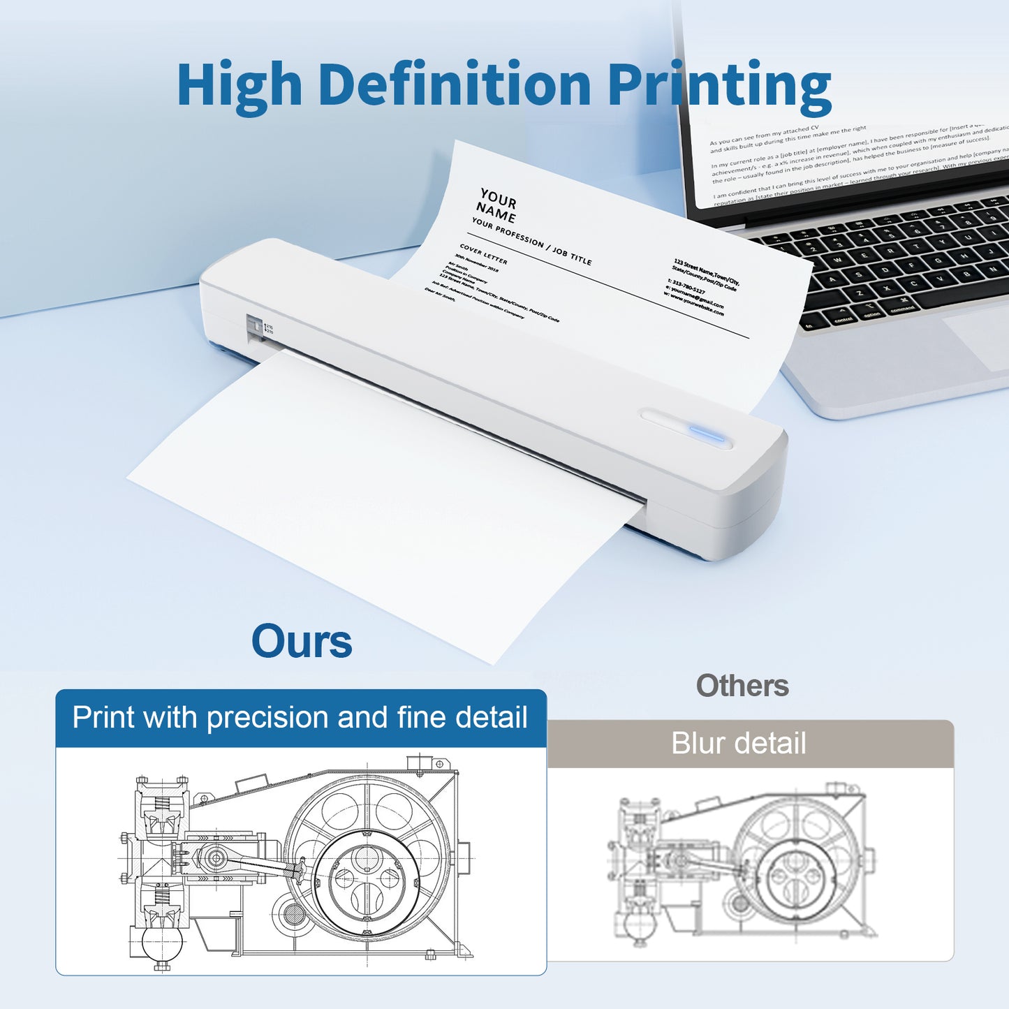Wireless Printer, A4 Thermal Printer, Monochrome for Travel, Mobile Office School Home, Bluetooth Printer Compatible with Ios and Android, for Phone and Laptop