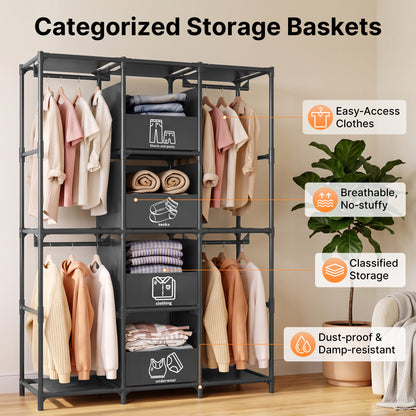 Portable Closet, Wardrobe Closet for Hanging Clothes with 4 Storage Drawers, Freestanding Closet Organizers and Storage for Bedroom, Black