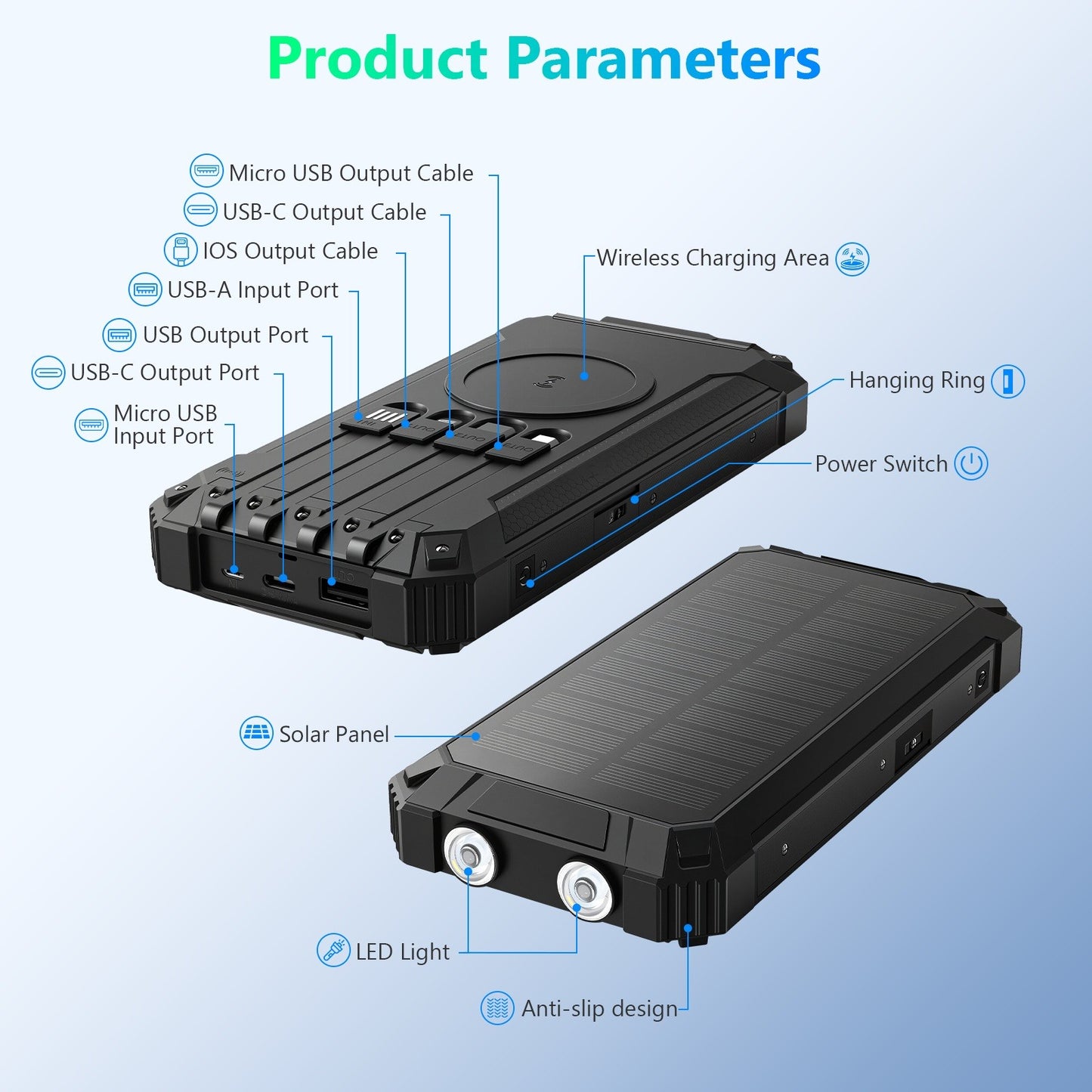 Power Bank Wireless Charger 46800mAh Built in 4 Cables Six Outputs 15W Fast Charging Power Bank for All Mobile Devices Three Inputs Solar Portable Charger with Dual Flashlights, Carabiner(Black)