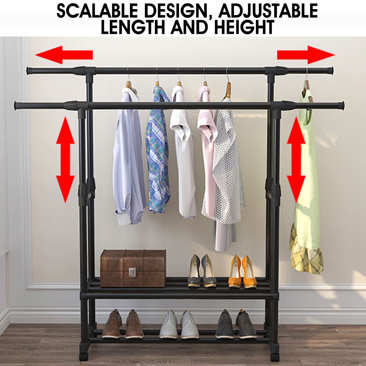 Double rods Clothing rack with Wheels and 2-Tier Storage Shelf, Portable Garment rack Wardrobe Organizer for Bedroom/Living room, Black