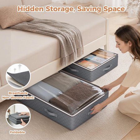 BAOKALER 8 Pack Gray Foldable Underbed Storage Bags, 90L Large Capacity Under Bed Organizers for Clothing, Blankets, Pillows and Wrapping Paper