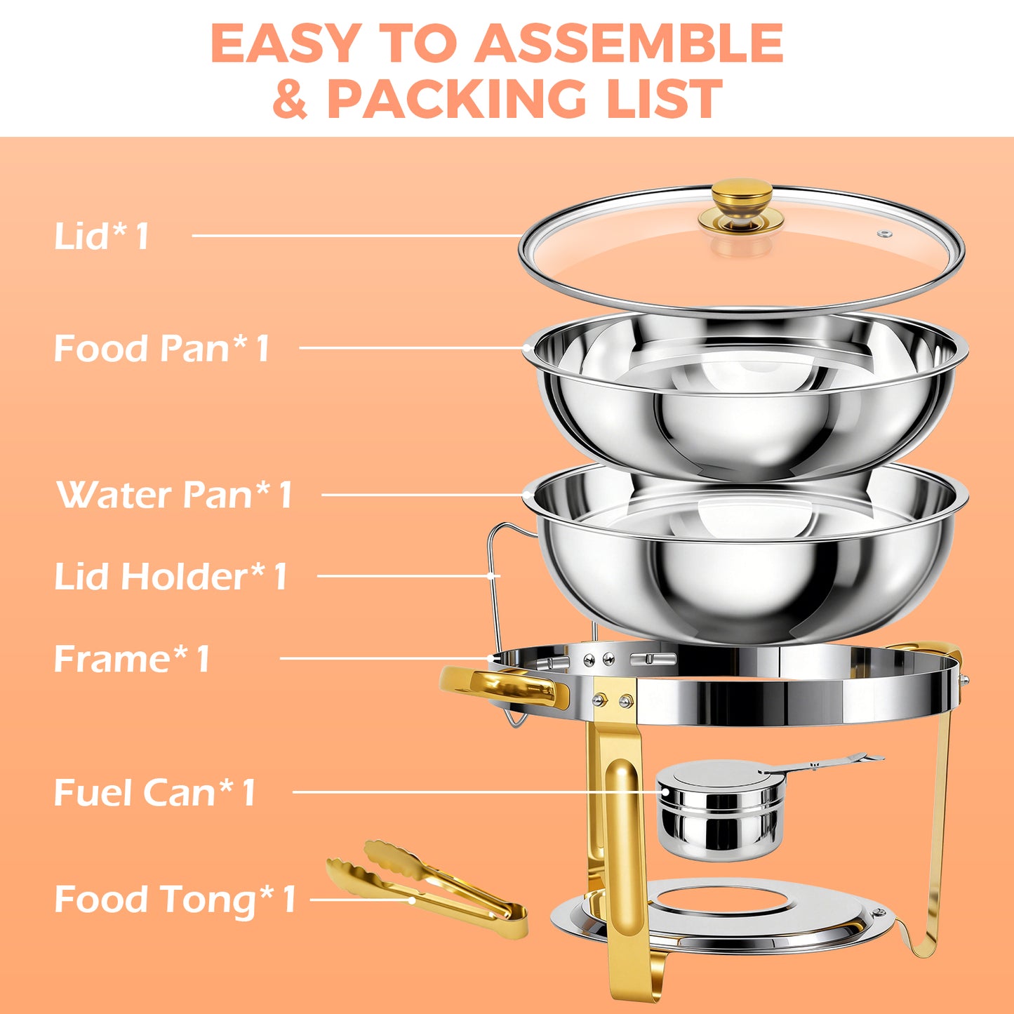 CATGOOD Chafing Dish for Buffet 1 Pack, 5.3QT Round Chafing Dish Buffet Set for Parties, Gold Stainless Steel Buffet Server and Warmer with 1 Serving Tong