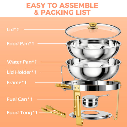 CATGOOD Chafing Dish for Buffet 1 Pack, 5.3QT Round Chafing Dish Buffet Set for Parties, Gold Stainless Steel Buffet Server and Warmer with 1 Serving Tong