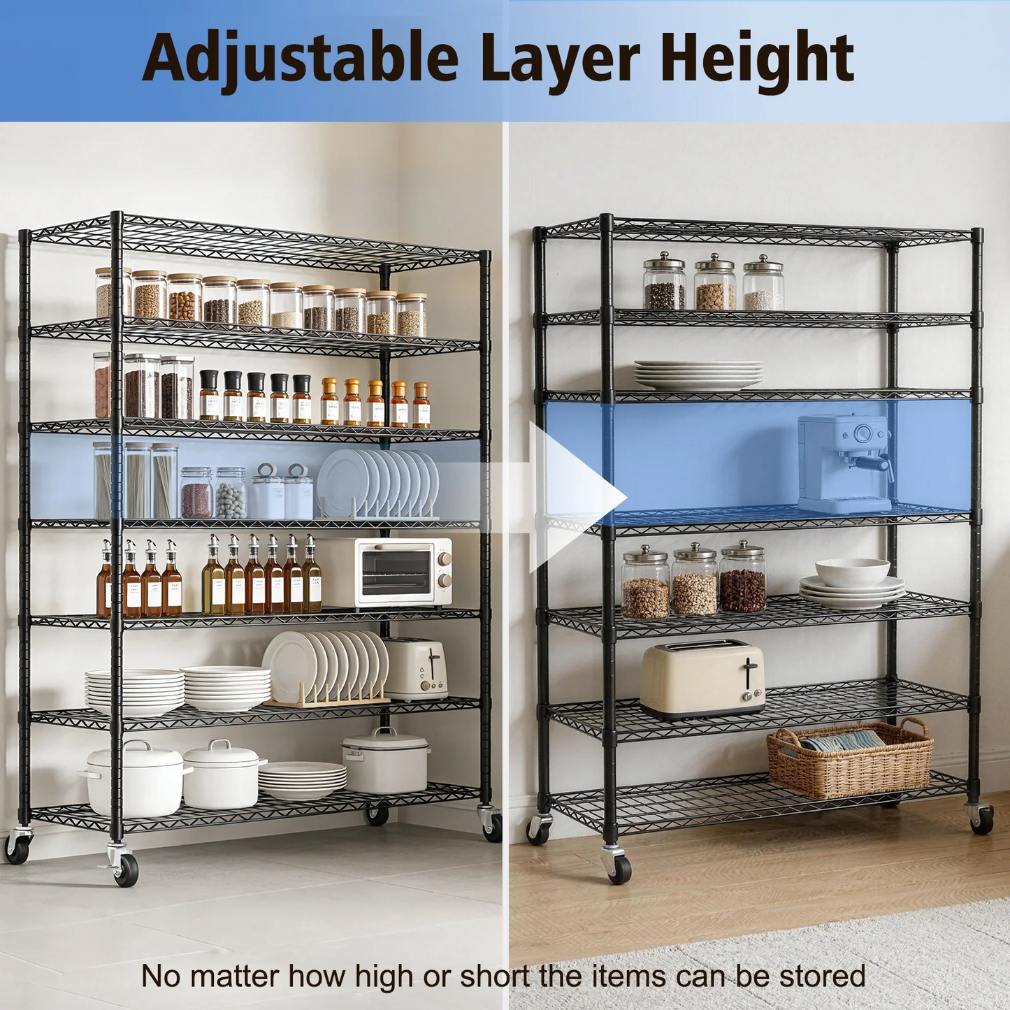 Storage Shelves, 7 Tier Adjustable Heavy Duty Steel Wire Rack Storage with Wheels, 47.2"×17.7"×78.7" Pantry Shelves Kitchen Office Industrial Commercial