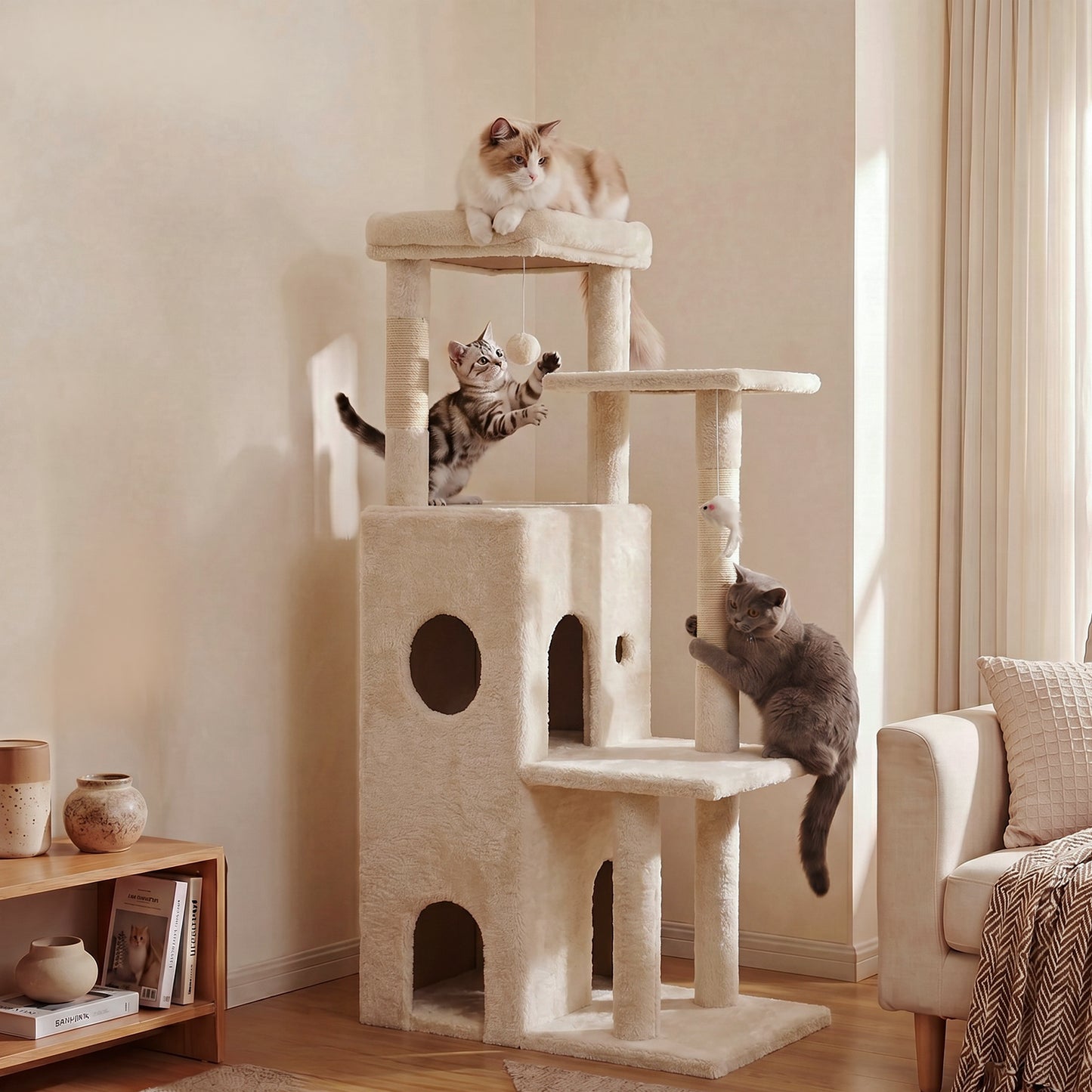 50-inch Large Cat Tree for Adult Cats, Multi-Level Cat Condo with 2 Cozy Caves, Steps, Sisal Scratching Posts & Toys, Beige