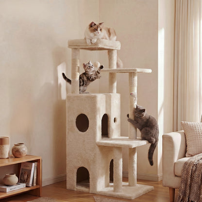 50-inch Large Cat Tree for Adult Cats, Multi-Level Cat Condo with 2 Cozy Caves, Steps, Sisal Scratching Posts & Toys, Beige