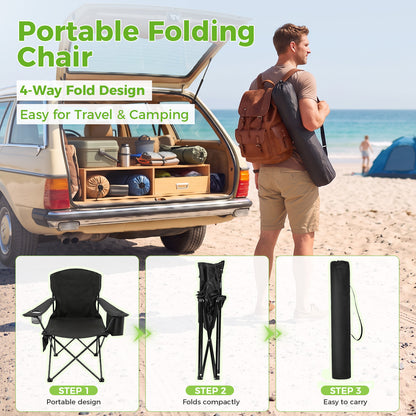 BAOKALER 2 Pack Camping Chair, Foldable Outdoor Lawn Chair with Cup Holder, Cooler Bag & Side Pocket for Backyard, Camping & Beach, Heavy-Duty Steel Frame, Supports 350lbs, Black