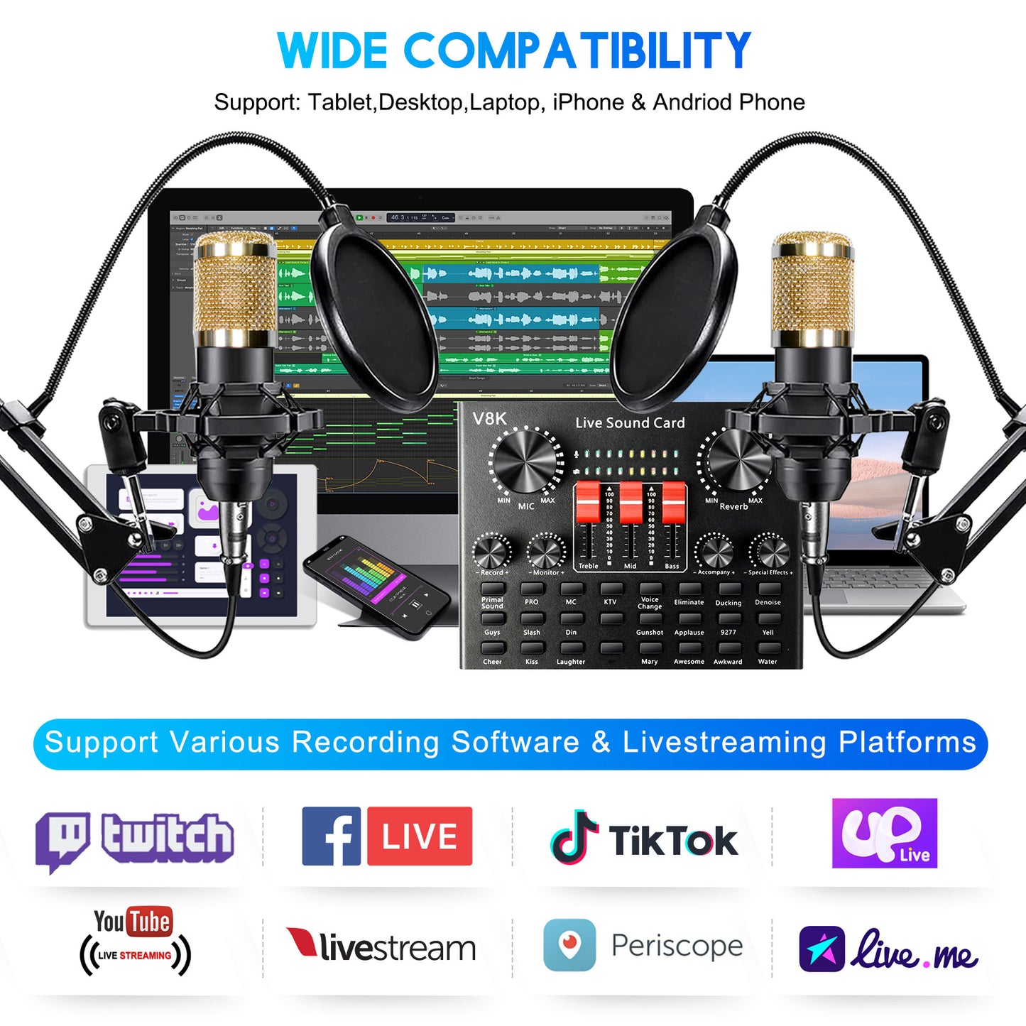 Podcast Equipment Bundle, 2 Audio Interface with BM800 Microphone, Perfect for Live Streaming, Singing