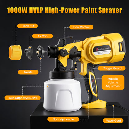 Baokaler Paint Sprayer, 1000W HVLP Electric Spray Gun with 1400ml Container, 4 Copper Nozzles & 3 Spray Patterns for Furniture, Cabinets, Walls, House Painting, Yellow