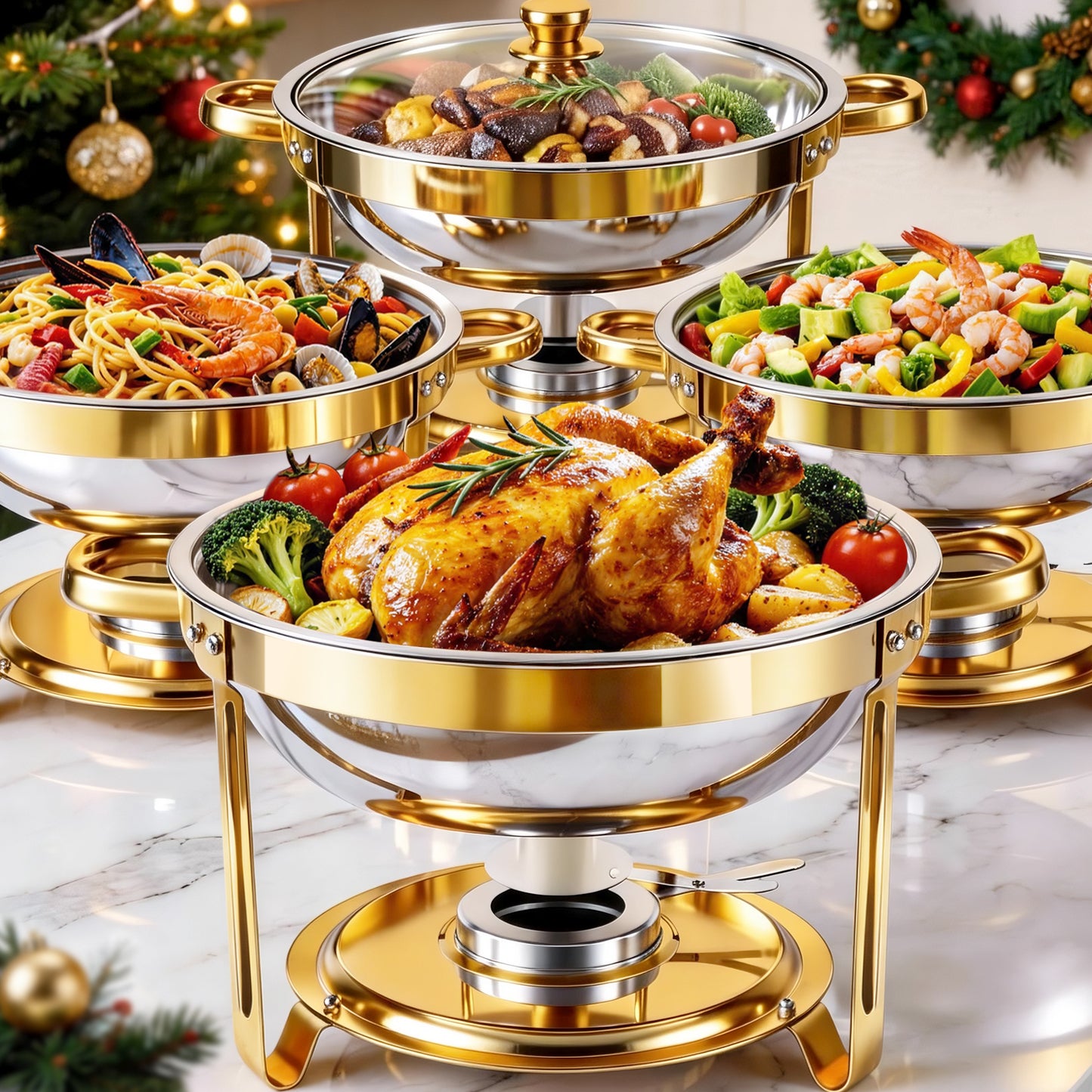 BAOKALER 4 Pack Chafing Dish Buffet Set, 6QT Stainless Steel Food Warmers with Glass Lids & Gold Stands, Buffet Servers & Chafer Set for Parties, Weddings, Catering