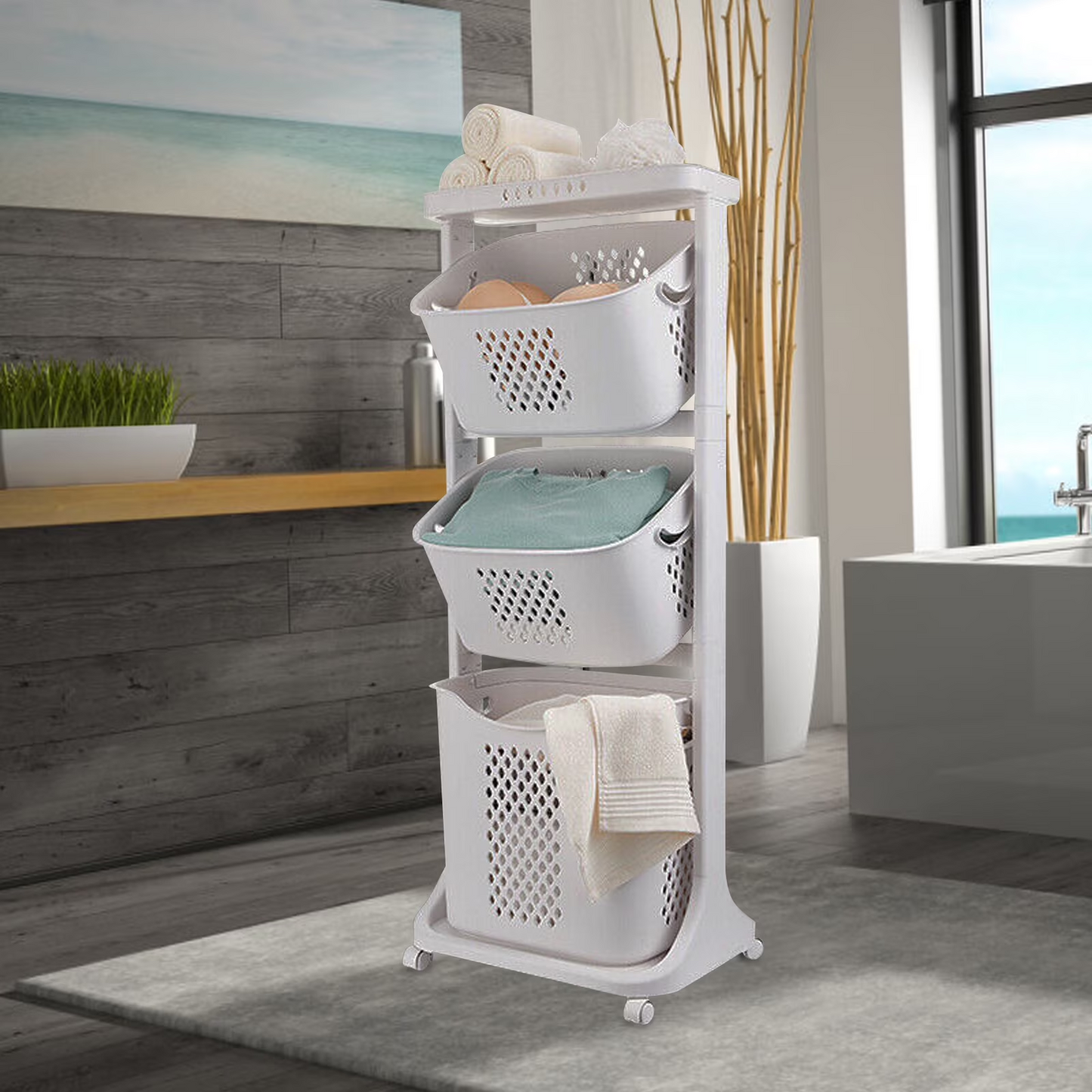 3-Tier Laundry Hamper Basket Sorter Bathroom Organizer with Wheels Movable Clothes Storage Basket Kitchen Shelf Fruit Stand 360¡ã Rolling Cart