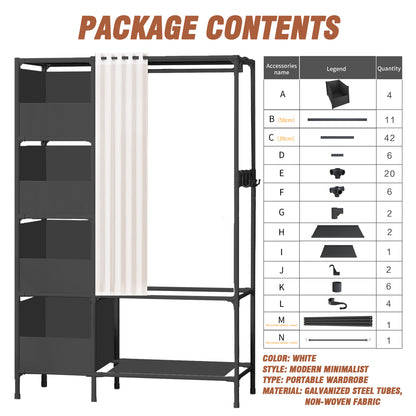 Clothes Rack, Portable Closet, Freestanding Closet Organizer with Curtain, 4 Tier Garment Rack for Bed Room, Black