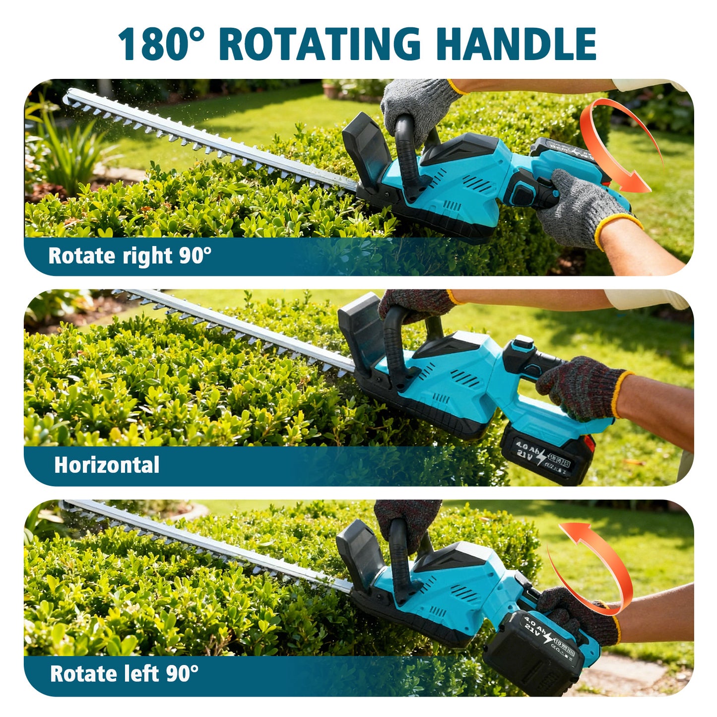 Baokaler 22" Cordless Hedge Trimmer, 21V Dual Action Blade Electric Bush Shrub Trimmer, 4.0Ah Battery & Charger, Blue