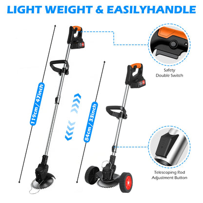 Weed Eaters, Cordless Weed Trimmer with Wheels, 2Pcs 4000mAh Batteries, Adjustable Length, 650W Grass Trimmer/Edger/Brush Cutter for Lawn Yard Garden Maintaining (Black)