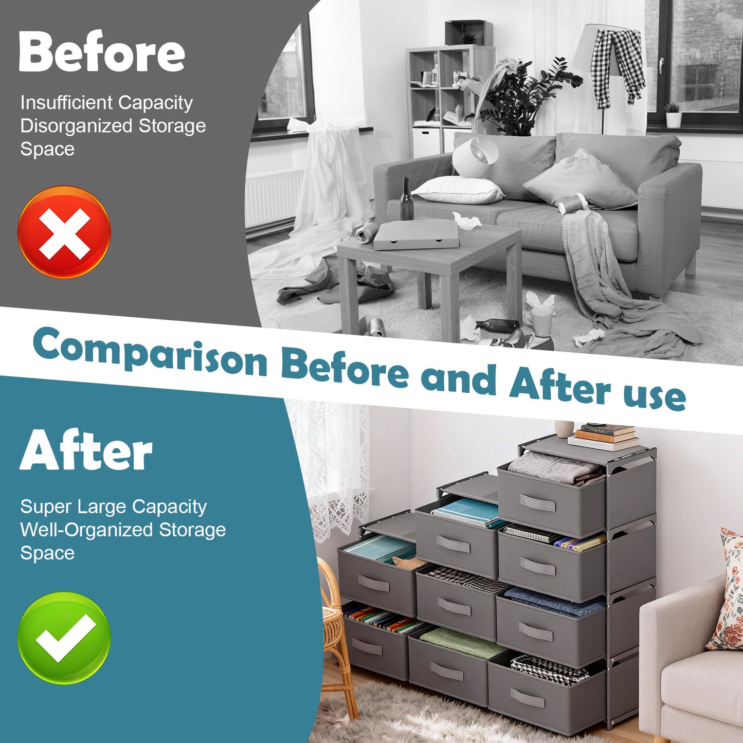 BAOKALER Non-Woven Fabric Multi-Functional Storage Cabinet, 9-Drawer Open Storage Shelf, 10.24×47.24×34.65 Inches, for Bedroom, Living Room, Hallway, Gray